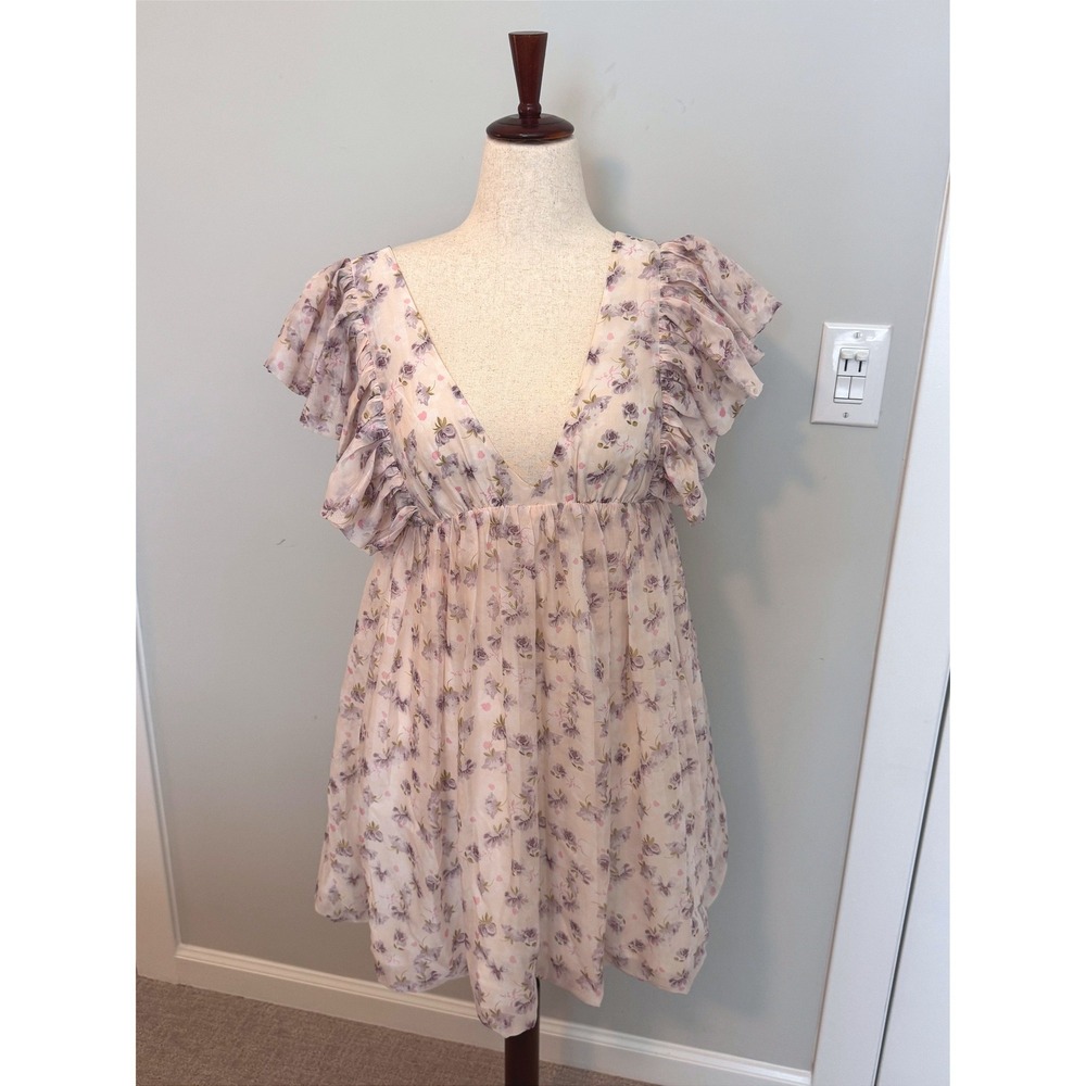 STORIA | Floral Babydoll Dress Women L Pink Purple Ruffle Chiffon Cottagecore
